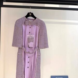 Authentic CHANEL Lavender Tweed Ensemble with Cape